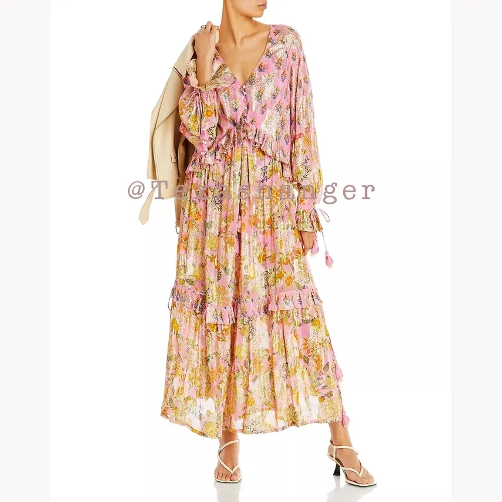 NWT HEMANT & NANDITA Dhea Kaftan M Medium Canary Yellow Taffy - Picture 3 of 16